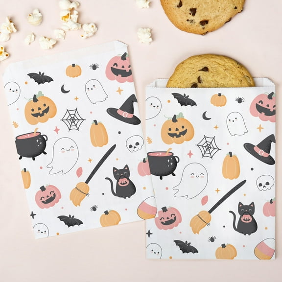Big Dot of Happiness Pastel Halloween Paper Treat Bags, Pink Pumpkin Individual Candy Snack Favors, Greaseproof White Sandwich Cookie Bags - 25 Count