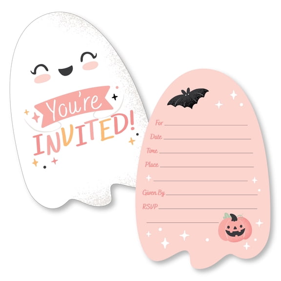 Big Dot of Happiness Pastel Halloween - Shaped Fill-In Invitations - Pink Pumpkin Party Invitation Cards with Envelopes - Set of 12