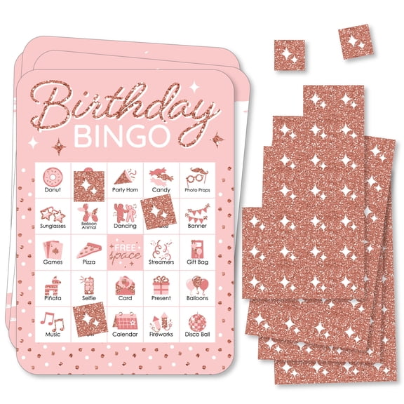 Big Dot of Happiness Pink Rose Gold Birthday - Picture Bingo Cards and Markers - Happy Birthday Party Bingo Game - Set of 18