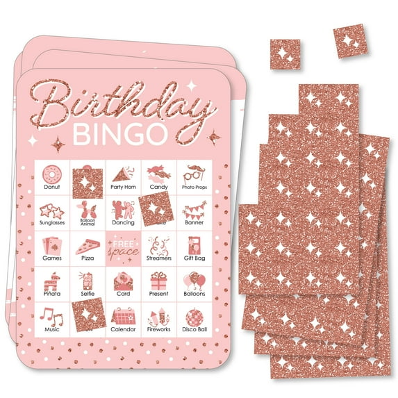 Big Dot of Happiness Pink Rose Gold Birthday - Picture Bingo Cards and Markers - Happy Birthday Party Bingo Game - Set of 18