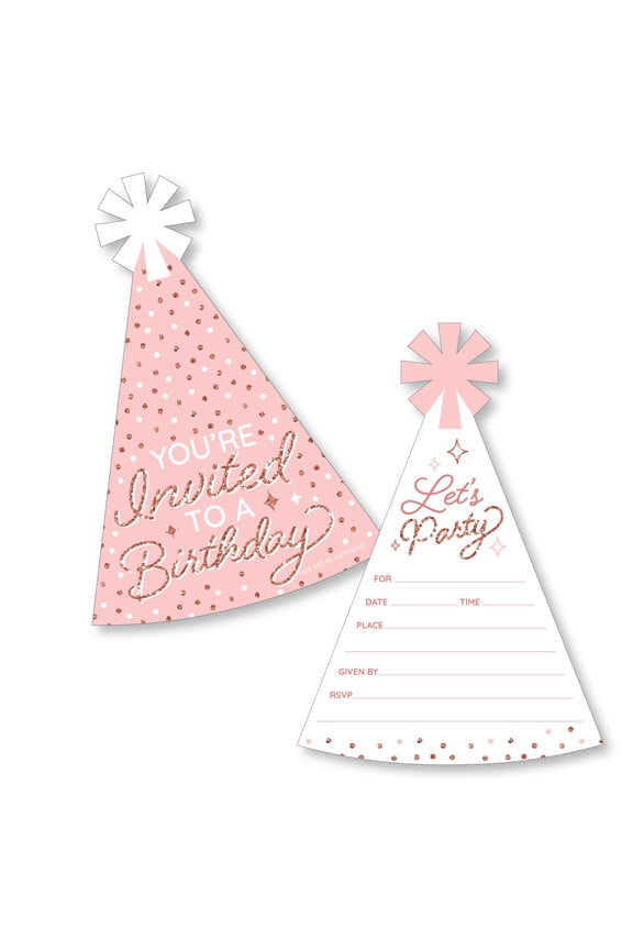Pink Rose Gold Birthday - Shaped Fill-In Invitations - Happy Birthday Party Invitation Cards with Envelopes - Set of 12