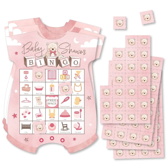 Big Dot of Happiness Pink We Can Bearly Wait Baby Shower Bingo Cards and Markers, Girl Teddy Bear Party Activity, Picture Bingo Game - Set of 18