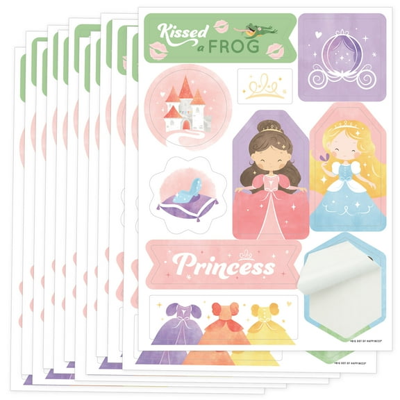 Big Dot of Happiness Princess Party Favor Sticker Sheet Sets, Princess Birthday Party Favors for Girls - 12 Sheets - 120 Stickers