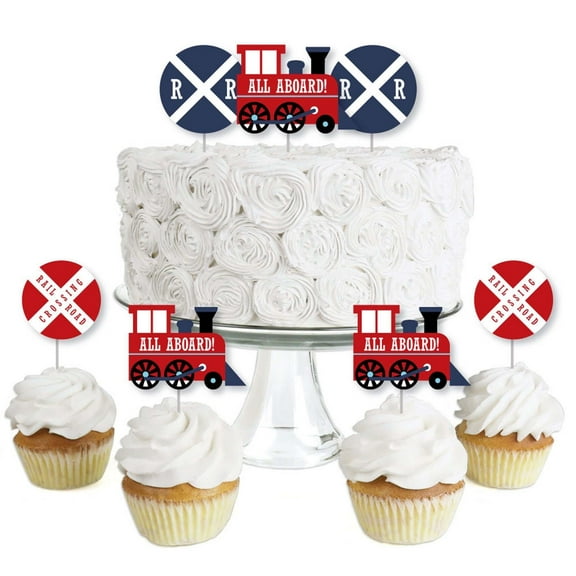 Big Dot of Happiness Railroad Party Crossing - Dessert Cupcake Toppers - Steam Train Birthday Party or Baby Shower Clear Treat Picks - Set of 24