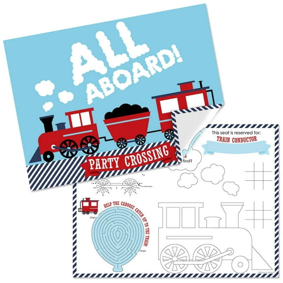 Big Dot of Happiness Railroad Party Crossing - Paper Steam Train Birthday Party Coloring Sheets - Activity Placemats - Set of 16