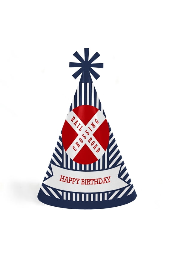 Railroad Party Crossing - Steam Train Cone Happy Birthday Party Hats for Kids and Adults - Set of 8 (Standard Size)