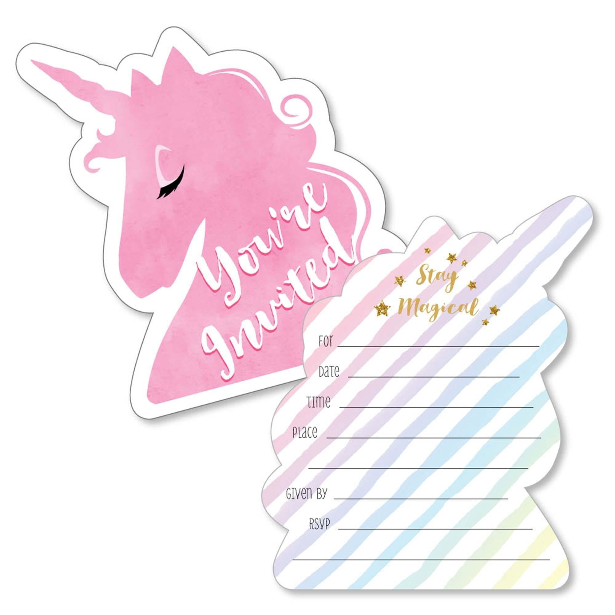 Big Dot of Happiness Rainbow Unicorn - Shaped Fill-in Invites - Magical Unicorn Baby Shower or Birthday Party Invite Cards with Envelopes - Set of 12