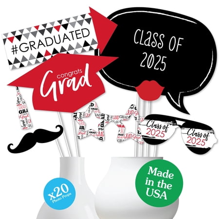 Big Dot of Happiness Red 2025 Graduation Party Photo Booth Props Kit - 20 Count