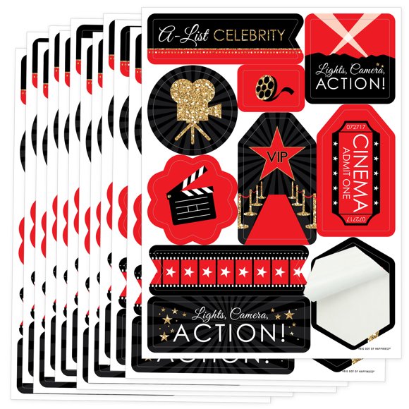 Big Dot of Happiness Red Carpet - Movie Night Party Favor Sticker Set - 12 Sheets - 120 Stickers