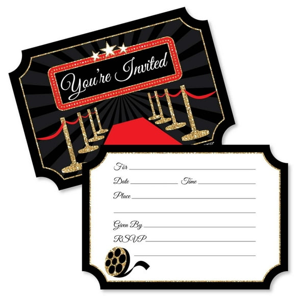 Big Dot of Happiness Red Carpet - Shaped Fill-in Invitations - Movie Night Party Invitation Cards with Envelopes - Set of 12