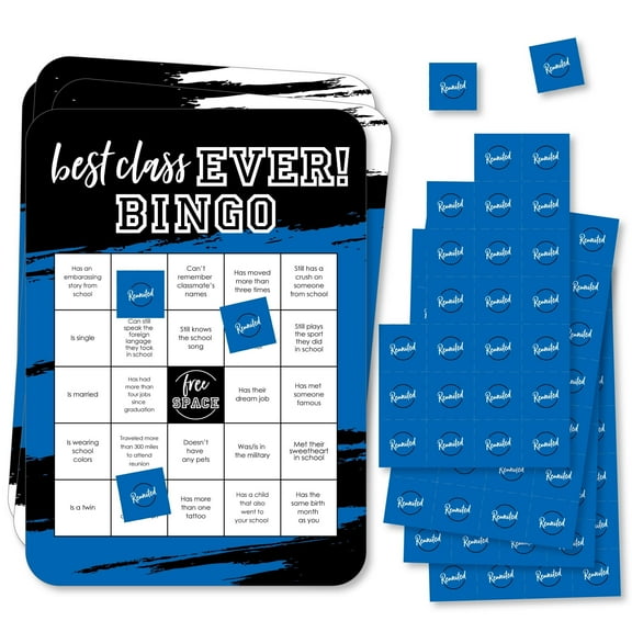 Big Dot of Happiness Reunited Blue - Find the Classmate Bingo Cards and Markers - School Class Reunion Party Bingo Game - Set of 18