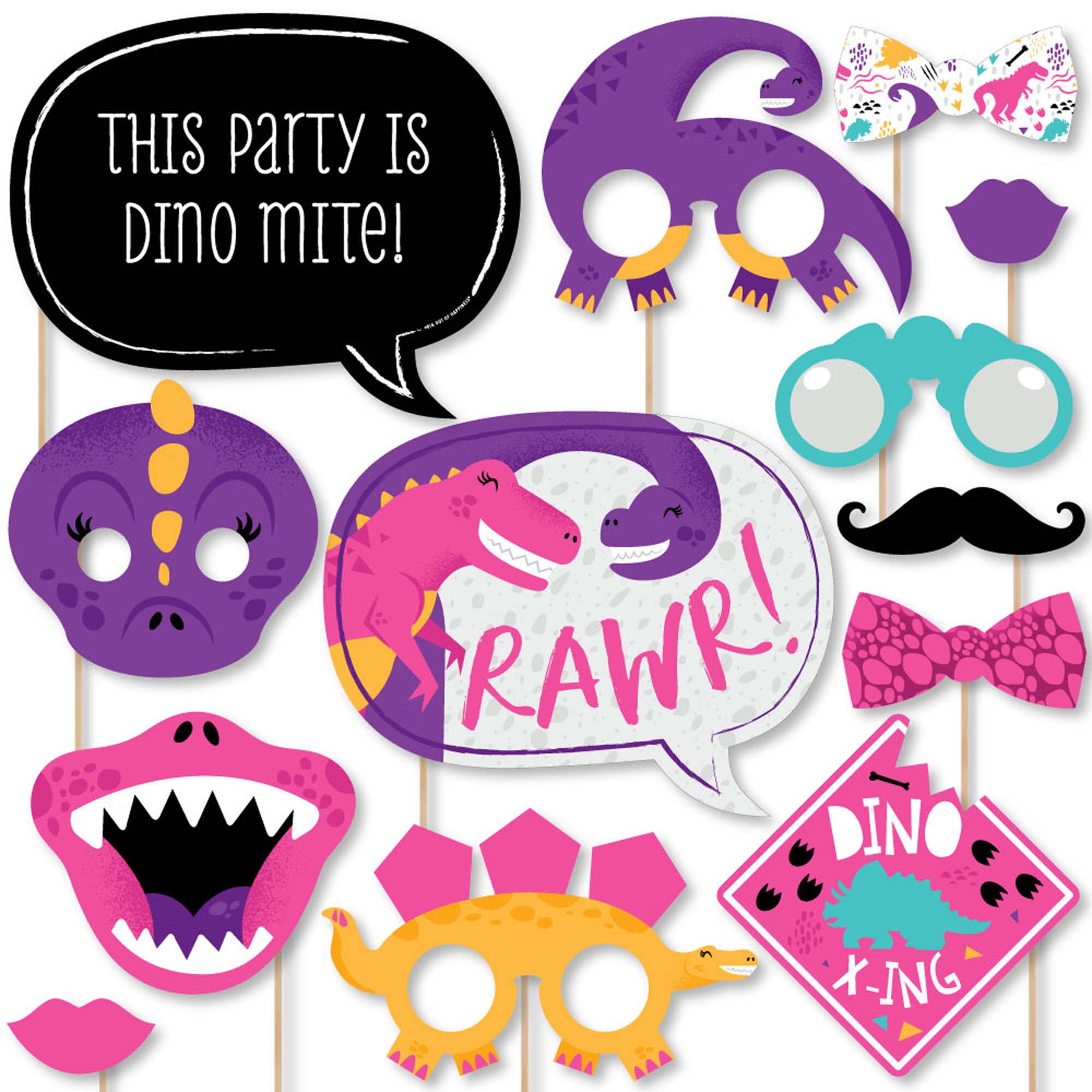 Big Dot of Happiness Roar Dinosaur Girl - Dino Mite T-Rex Baby Shower or Birthday Party Photo Booth Props Kit - 20 Count