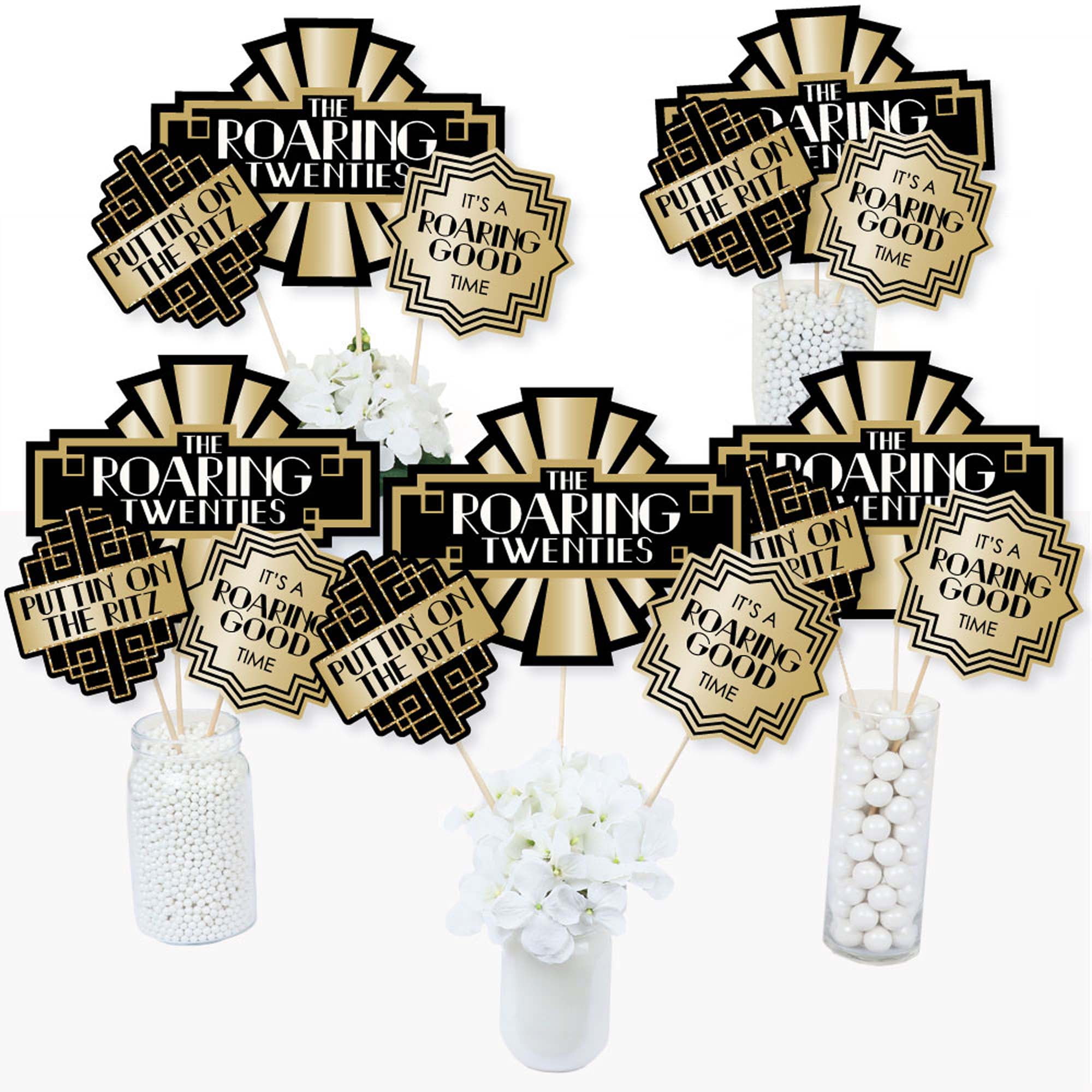 Big Dot of Happiness Roaring 20s - 1920s Art Deco Jazz Party Decor and Confetti - Terrific Table Centerpiece Kit - Set of 30, Black