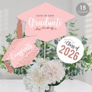Big Dot of Happiness Rose Gold Grad - 2026 Graduation Party Centerpiece Sticks - Table Toppers - Set of 15