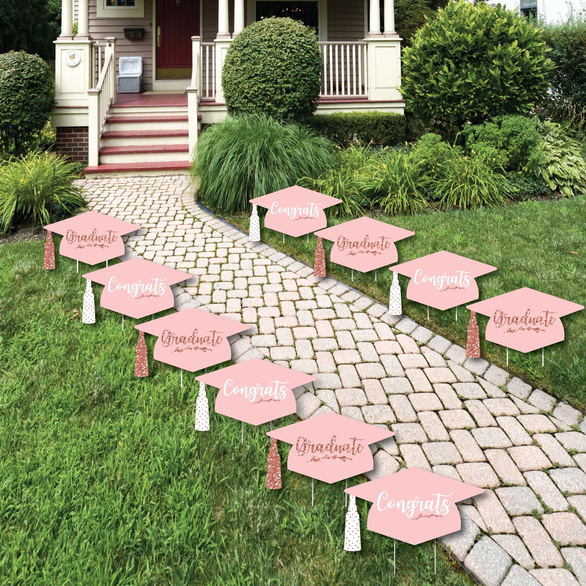 Rose Gold Graduation Cap Outdoor Yard Sign Set with Stakes