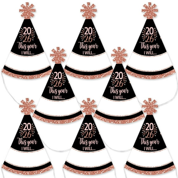 Big Dot of Happiness Rose Gold Happy New Year - Mini Cone 2026 New Year's Eve Resolution Party Hats - Small Little Party Hats - Set of 8
