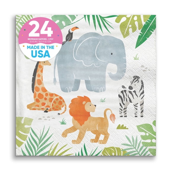 Big Dot of Happiness Safari Animals Napkins, Jungle Birthday Party or Baby Shower Decor, White 3-Ply Paper Beverage Cocktail Napkins - 24 Count