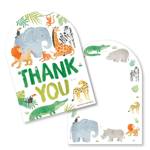 Big Dot of Happiness Safari Animals Thank You Cards with Envelopes, Flat Jungle Birthday Party or Baby Shower Blank Thank You Note Cards - Set of 12