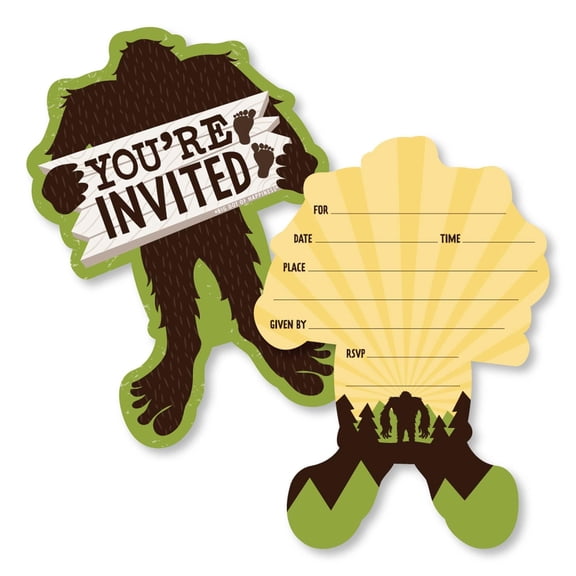 Big Dot of Happiness Sasquatch Crossing - Shaped Fill-In Invitations - Bigfoot Party or Birthday Party Invitation Cards with Envelopes - Set of 12