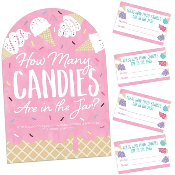 Big Dot of Happiness Scoop Up The Fun - Ice Cream - How Many Candies Sprinkles Party Game - 1 Stand and 40 Cards - Candy Guessing Game