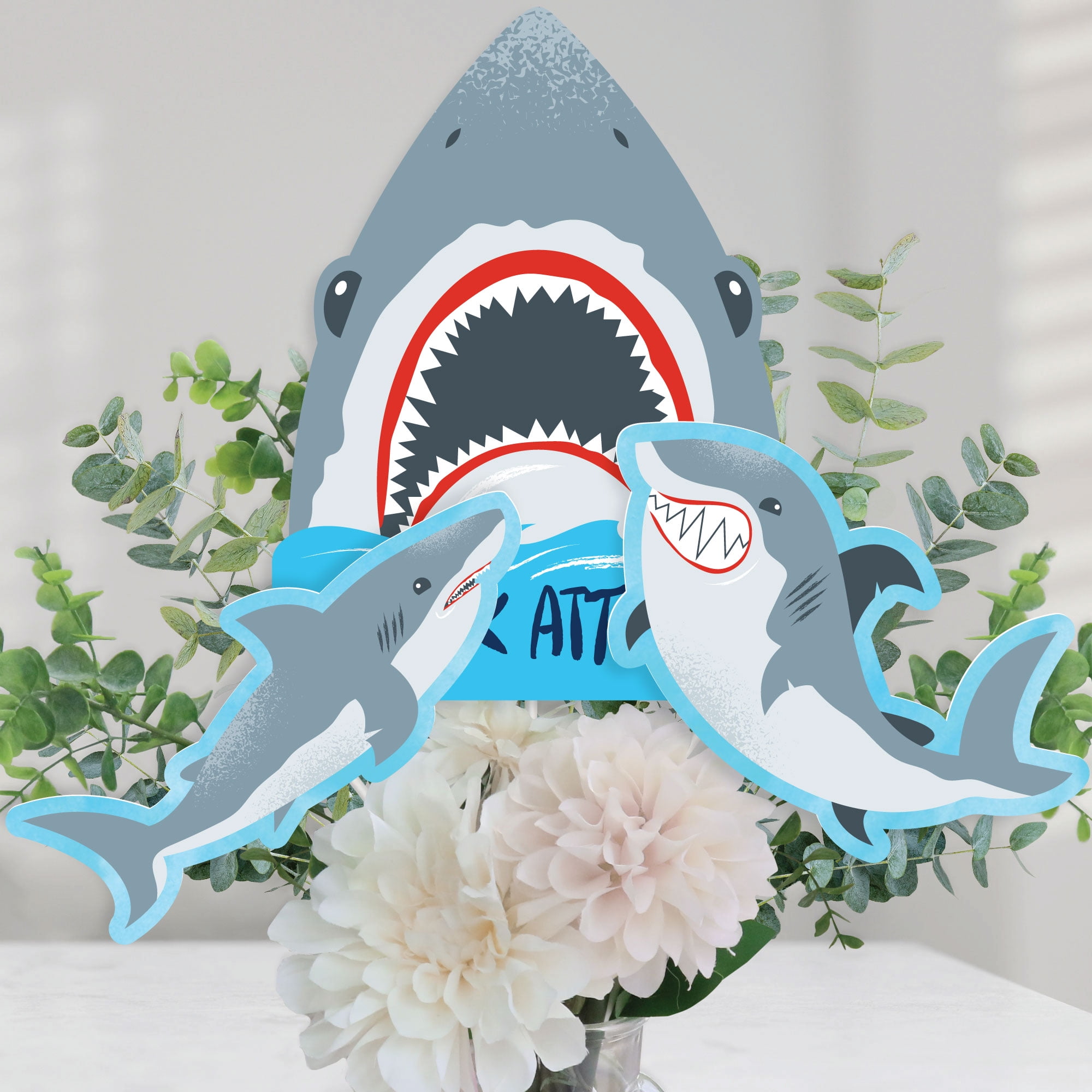 Big Dot of Happiness Shark Zone - Jawsome Party or Birthday Party Centerpiece Sticks - Table Toppers - Set of 15