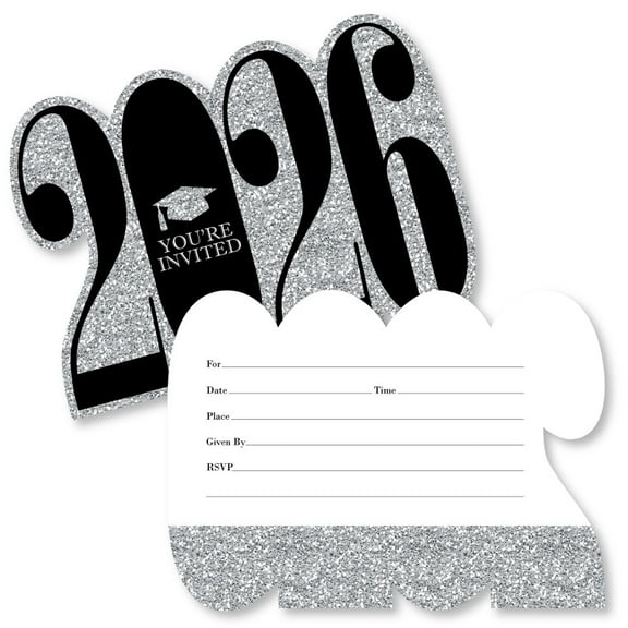 Big Dot of Happiness Silver 2026 Graduation Party Invitations - Shaped Fill-In Invite Cards with Envelopes - Set of 12