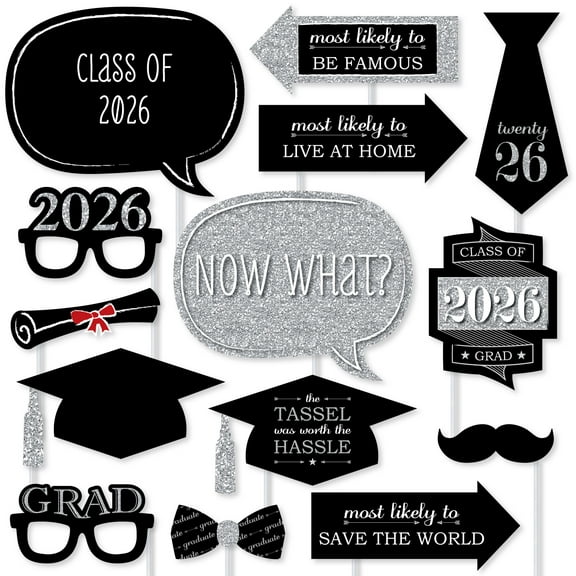 Big Dot of Happiness Silver Graduation Party - 2026 Grad Photo Booth Props Kit - 20 Count