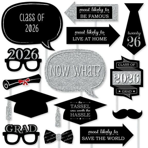 Big Dot of Happiness Silver Graduation Party - 2026 Grad Photo Booth Props Kit - 20 Count