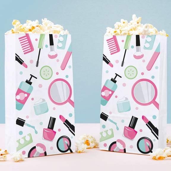 Big Dot of Happiness Spa Day Popcorn Bags, Girls Makeup Birthday Party Favor Snack Treats, Free-Standing Individual White Paper Bags - 25 Count