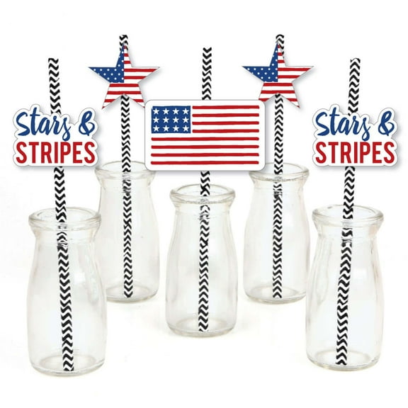 Big Dot of Happiness Stars & Stripes - Paper Straw Decor - Memorial Day, 4th of July & Labor Day USA Patriotic Party Striped Decor Straws - Set of 24