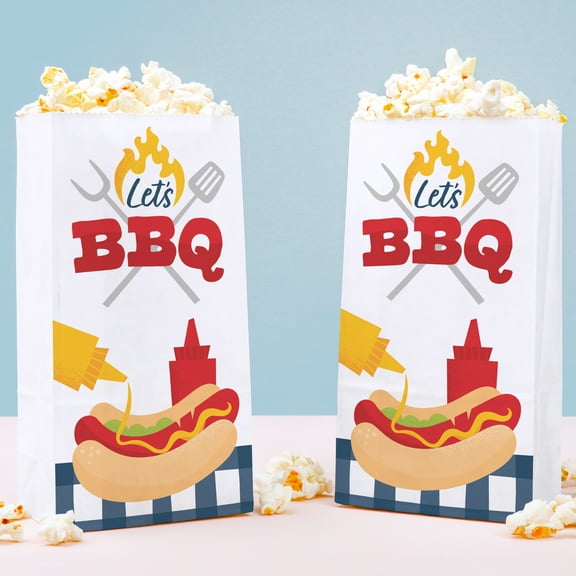 Big Dot of Happiness Summer BBQ Popcorn Bags, Fire Up the Grill Picnic Party Favor Snack Treats, Free-Standing Individual White Paper Bags - 25 Count