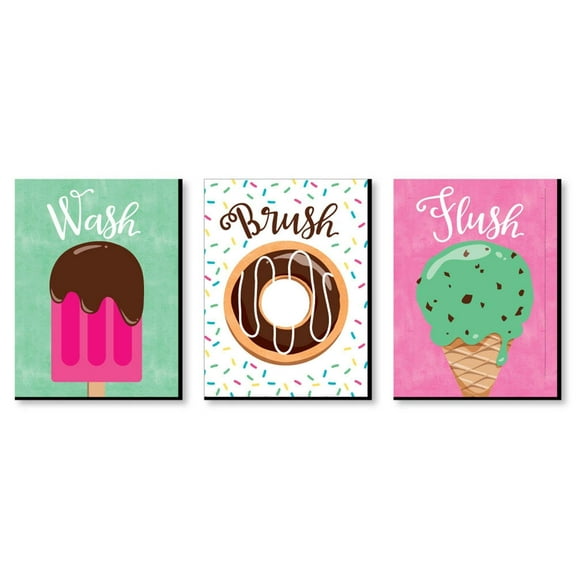 Big Dot of Happiness Sweet Shoppe - Kids Bathroom Rules Wall Art - 7.5 x 10 inches - Set of 3 Signs - Wash, Brush, Flush
