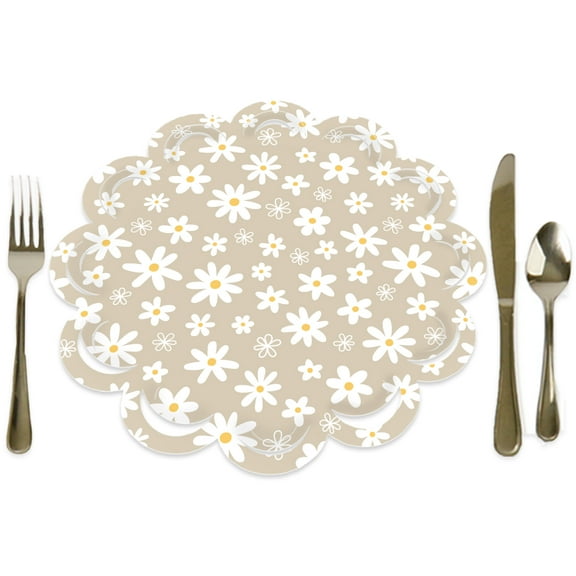 Big Dot of Happiness Tan Daisy Flowers - Floral Party Round Table Decorations - Paper Chargers - Place Setting For 12