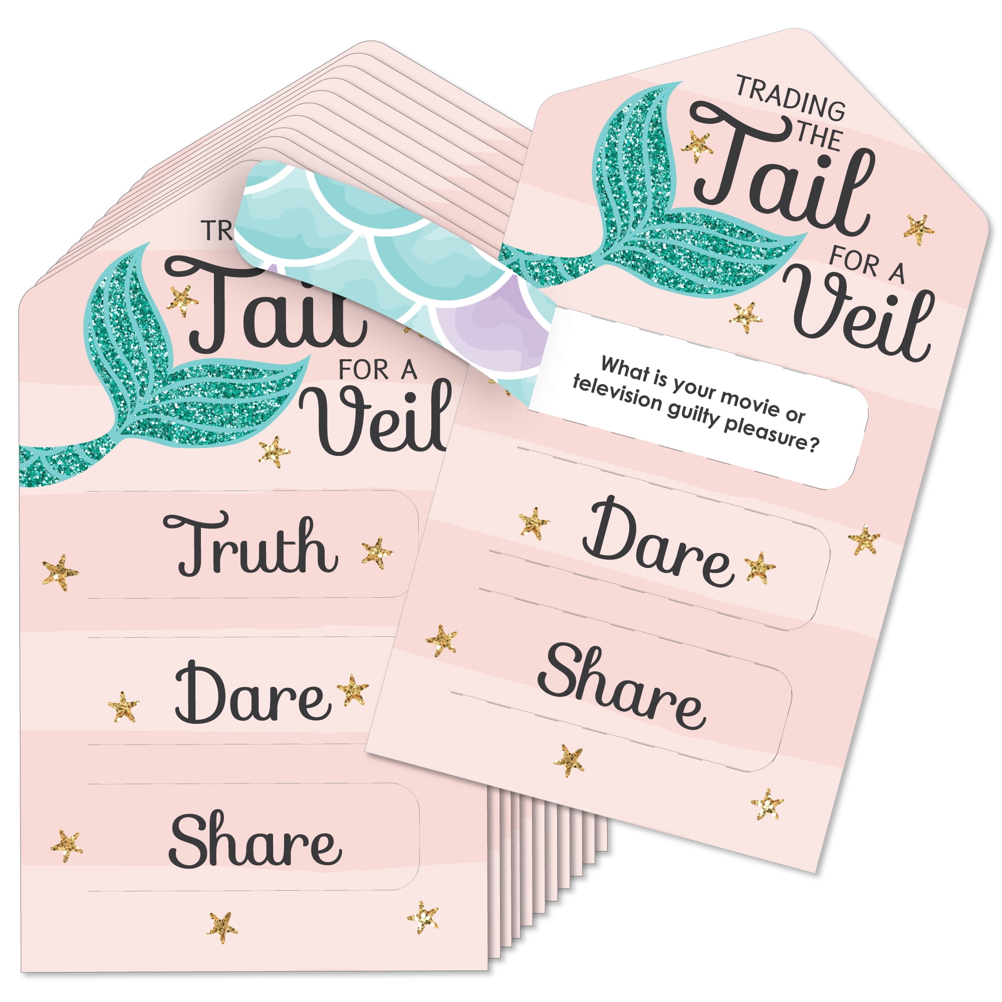 Big Dot of Happiness Trading the Tail For A Veil - Mermaid Bachelorette or Bridal Shower Game Pickle Cards - Truth, Dare, Share Pull Tabs - Set of 12