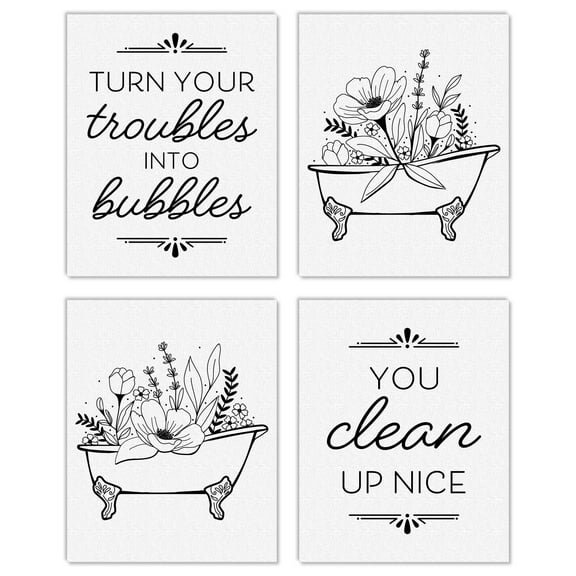 Big Dot of Happiness Turn Your Troubles Into Bubbles - Unframed Bathroom Linen Paper Wall Art - Set of 4 - Artisms - 8 x 10 inches Black and White