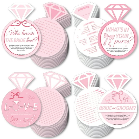 Big Dot of Happiness Tying the Knot Bridal Shower Game Pack, Pink Bow Wedding Shower Game Bundle, 4 Different Games - 10 Cards of Each