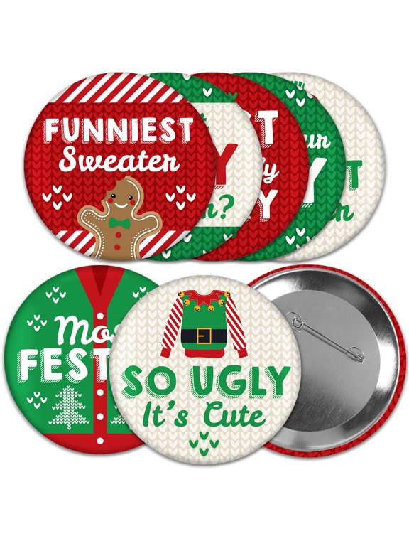 Ugly Sweater - 3 inch Holiday and Christmas Party Badge - Pinback Buttons - Set of 8