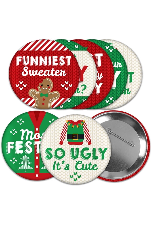 Ugly Sweater - 3 inch Holiday and Christmas Party Badge - Pinback Buttons - Set of 8