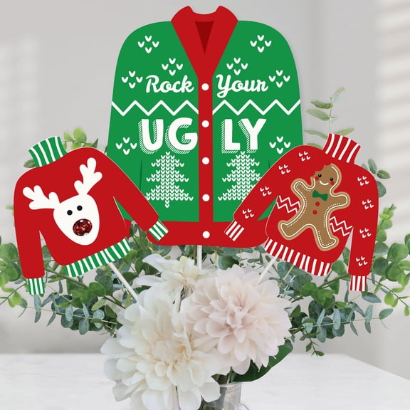 Big Dot of Happiness Ugly Sweater - Holiday and Christmas Party Centerpiece Sticks - Table Toppers - Set of 15