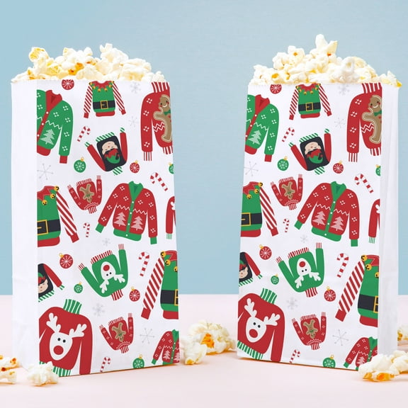 Big Dot of Happiness Ugly Sweater Popcorn Bags, Christmas Favor Treats, Funny Holiday Decor, Free-Standing Individual White Paper Bags - 25 Count