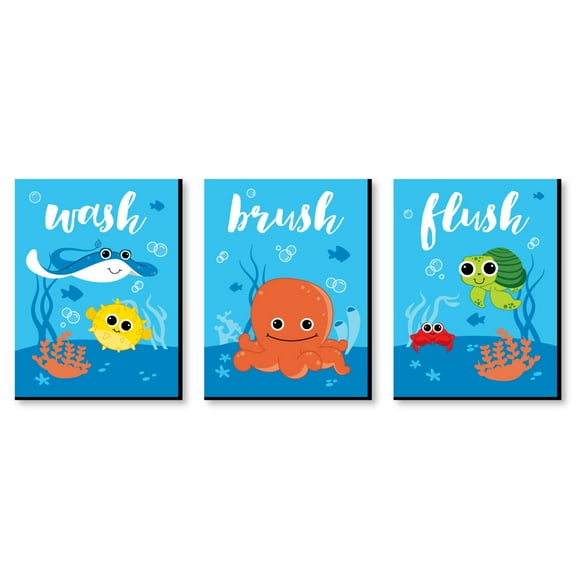 Big Dot of Happiness Under the Sea Critters - Kids Bathroom Rules Wall Art - 7.5 x 10 inches - Set of 3 Signs - Wash, Brush, Flush