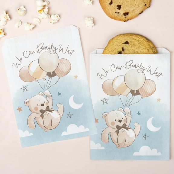 Big Dot of Happiness We Can Bearly Wait Paper Treat Bags, Teddy Bear Baby Shower Candy Bags, Greaseproof White Paper Sandwich Cookie Bags - 25 Count