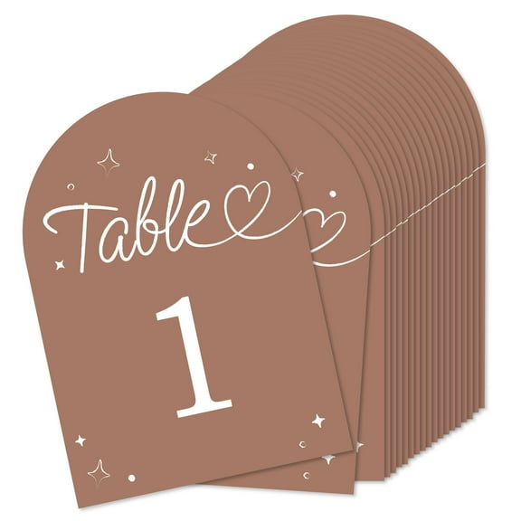 Big Dot of Happiness Wedding Hearts Mocha Brown Table Numbers Centerpieces, Double-Sided 5 x 7 inches Cards, Table Numbers - 1-20