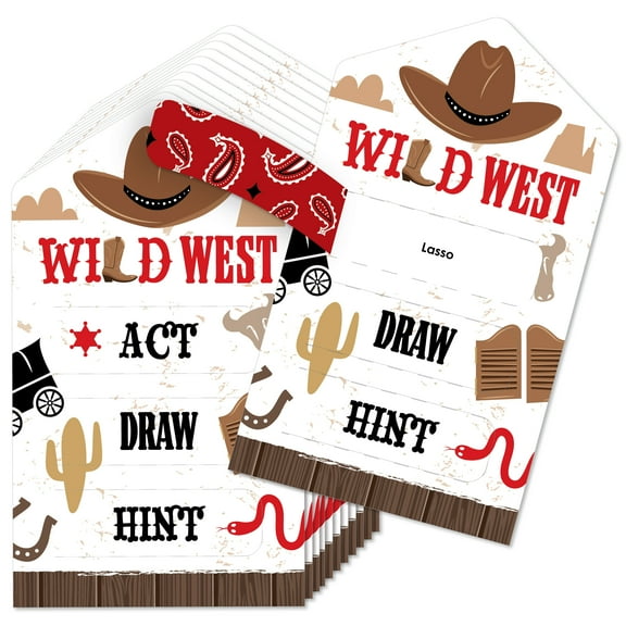 Big Dot of Happiness Western Hoedown - Wild West Cowboy Party Game Pickle Cards - Act, Draw, Hint Pull Tabs - Set of 12