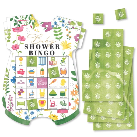 Big Dot of Happiness Wildflowers Baby - Picture Bingo Cards and Markers - Boho Floral Baby Shower Shaped Bingo Game - Set of 18