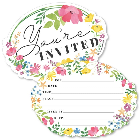 Big Dot of Happiness Wildflowers - Shaped Fill-In Invitations - Boho Floral Party Invitation Cards with Envelopes - Set of 12