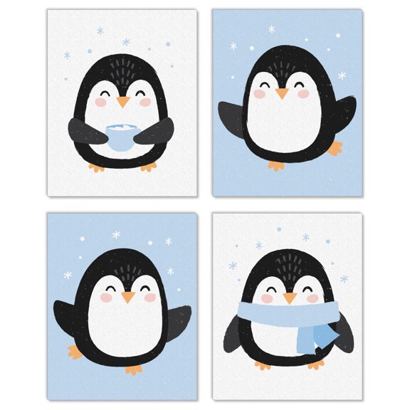 Big Dot of Happiness Winter Penguins - Unframed Holiday and Christmas Linen Paper Wall Art - Set of 4 - Artisms - 8 x 10 inches
