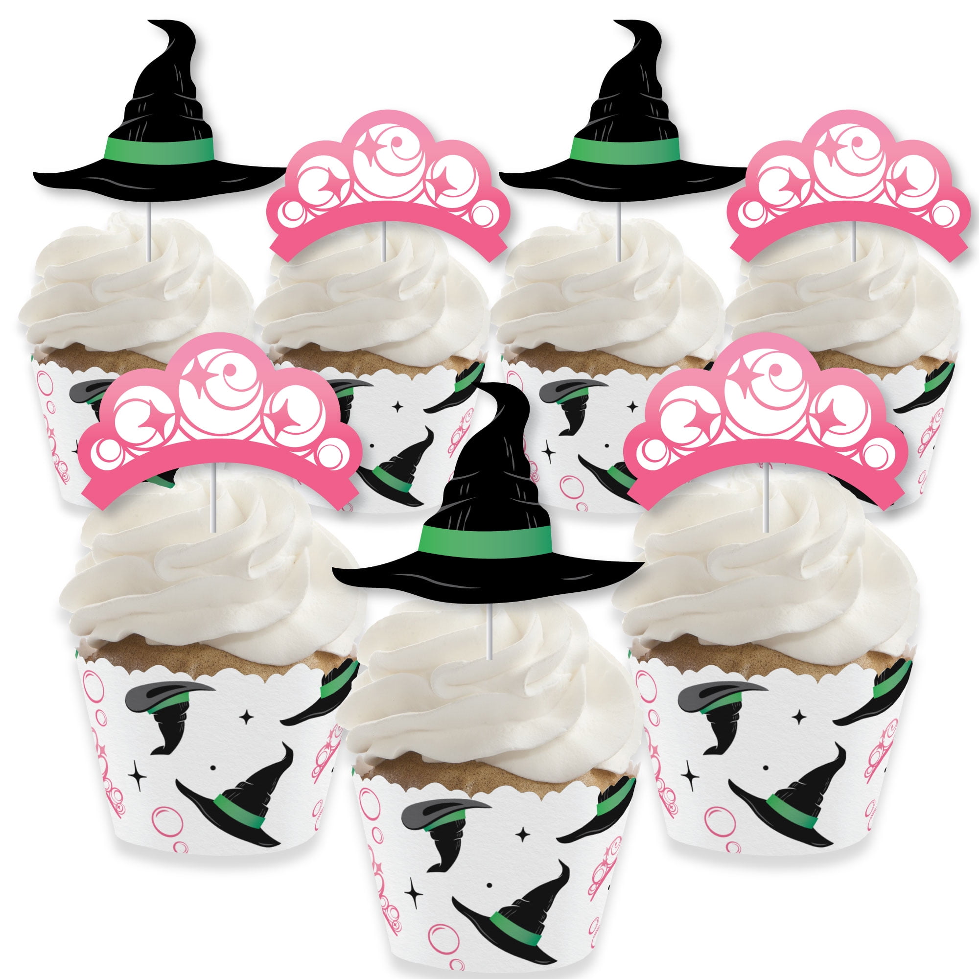 Big Dot of Happiness Witch Cupcake Decoration Kit, Good Pink and Green