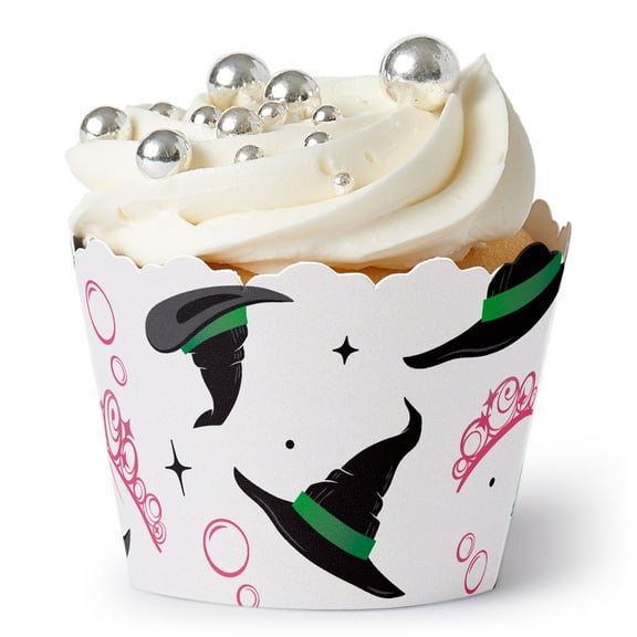 Big Dot of Happiness Witch Cupcake Wrappers, Adjustable Fit, Pink and Green Birthday Party or Good Witch Halloween Party Decorations - Set of 12