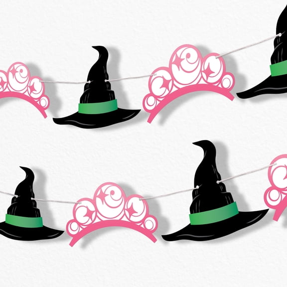 Big Dot of Happiness Witch Garland Banner, Birthday or Halloween Party Decor Backdrop, 30 Feet of Cord, 15 Paper Witch Hat and Pink Crown Shapes